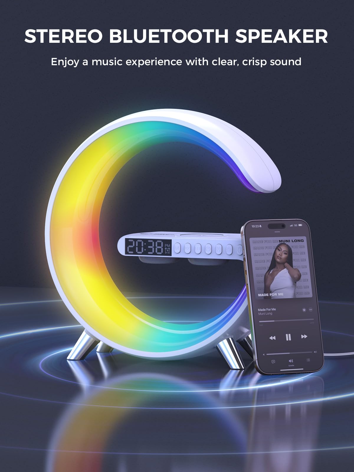 Smiling Shark Intelligente LED Sveglia Luce, Lampada Sveglia Atmosfera con Altoparlante Bluetooth & Ricarica Senza Fili Controllo App Dimmerabile Smart Wake Up Light per Casa Decorazione Regalo