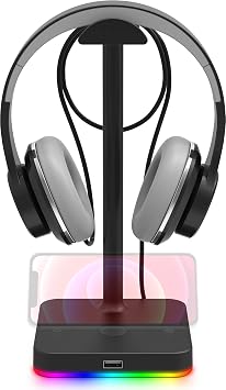 KAFRI RGB Headphone Stand with USB Hub, Desk Gaming Headset Holder Hanger Rack with 1 USB2.0 Extension Charging Port Cord - Suitable for Gamer Desktop Table Game Earphone Accessories