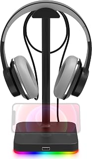 KAFRI RGB Headphone Stand with USB Hub Desk Gaming Headset Holder Hanger Rack with 1 USB2.0 Extension Charging Port Extender Cord - Suitable for Gamer Desktop Table Game Earphone Accessories