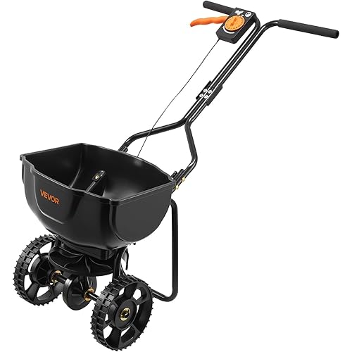 VEVOR Broadcast Spreader, 9.8ft Spreading Width, Push Broadcast Spreader with 10" All-Terrain Tires, Adjustable Flow Control, 15lbs Capacity Hopper, Lawn Spreaders for Fertilizer Seed Small Home Use