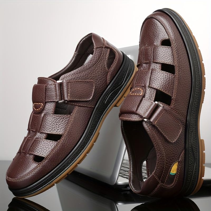 Men's Solid Color Vintage Top Grained Cowhide Leather Upper Sticky Toe Sandals,Comfortable Non-Slip Hook & Loop Fastener Beach Water Shoes4