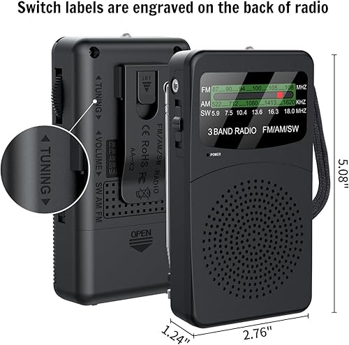 Miniatura 8 de Actualizado - Radio de bolsillo FM AM SW de 3 bandas, radios de transistor a pilas, radio de onda corta portátil con clip trasero portátil con