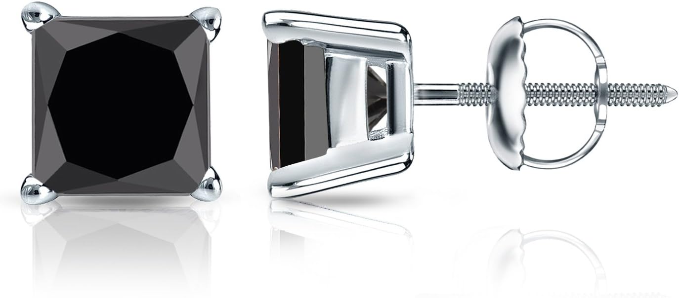 Platinum Princess Black Diamond 4-Prong Basket Stud Earrings (1/2-4 ct, Black) Screw-Back