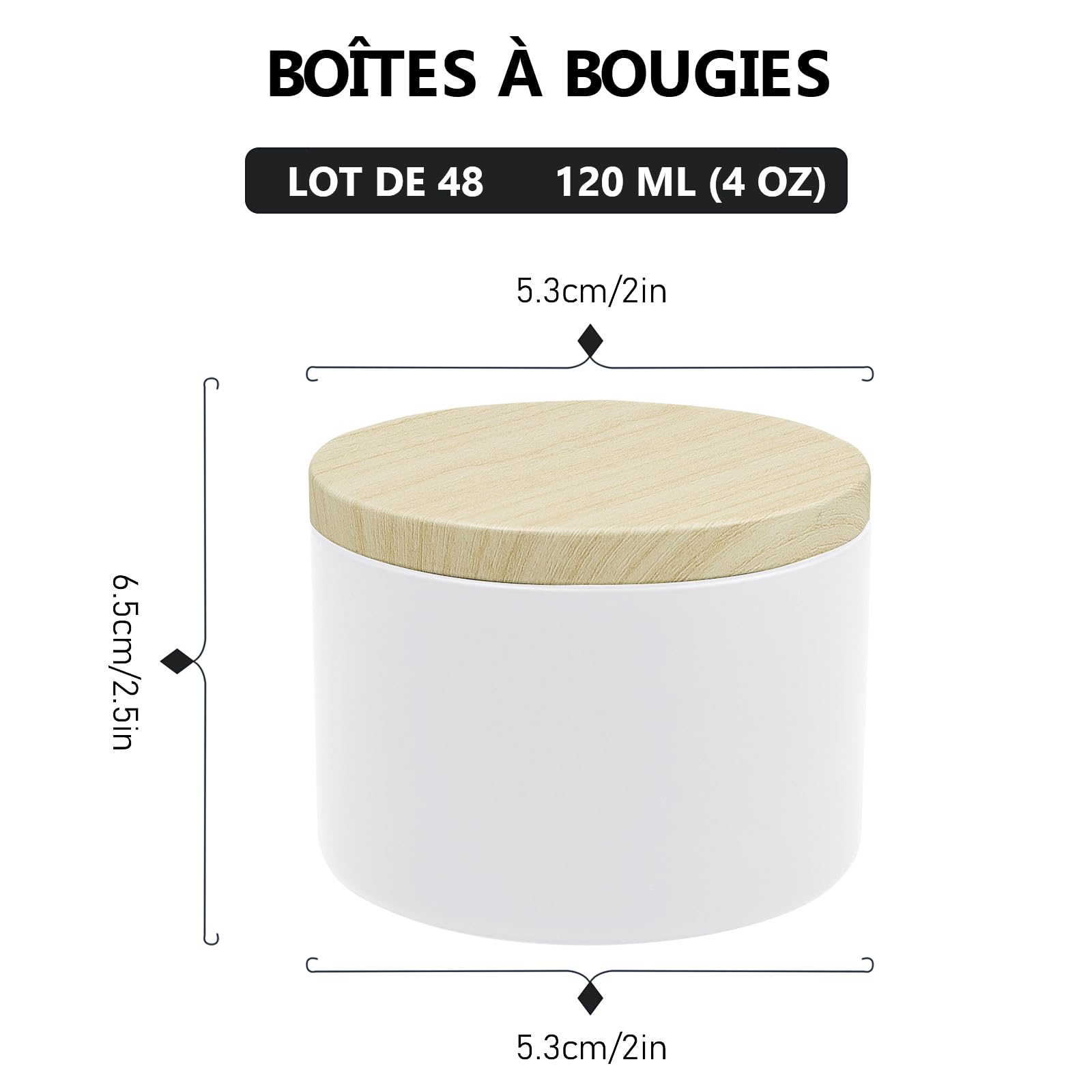 Lot de 48 Pots à Bougies Métalliques 120ml avec Couvercles Effet Bois, Boîtes Vides Blanc Mat pour Fabrication de Bougies Artisanales, Récipients Hermétiques pour Épices, Thé, Cosmétiques