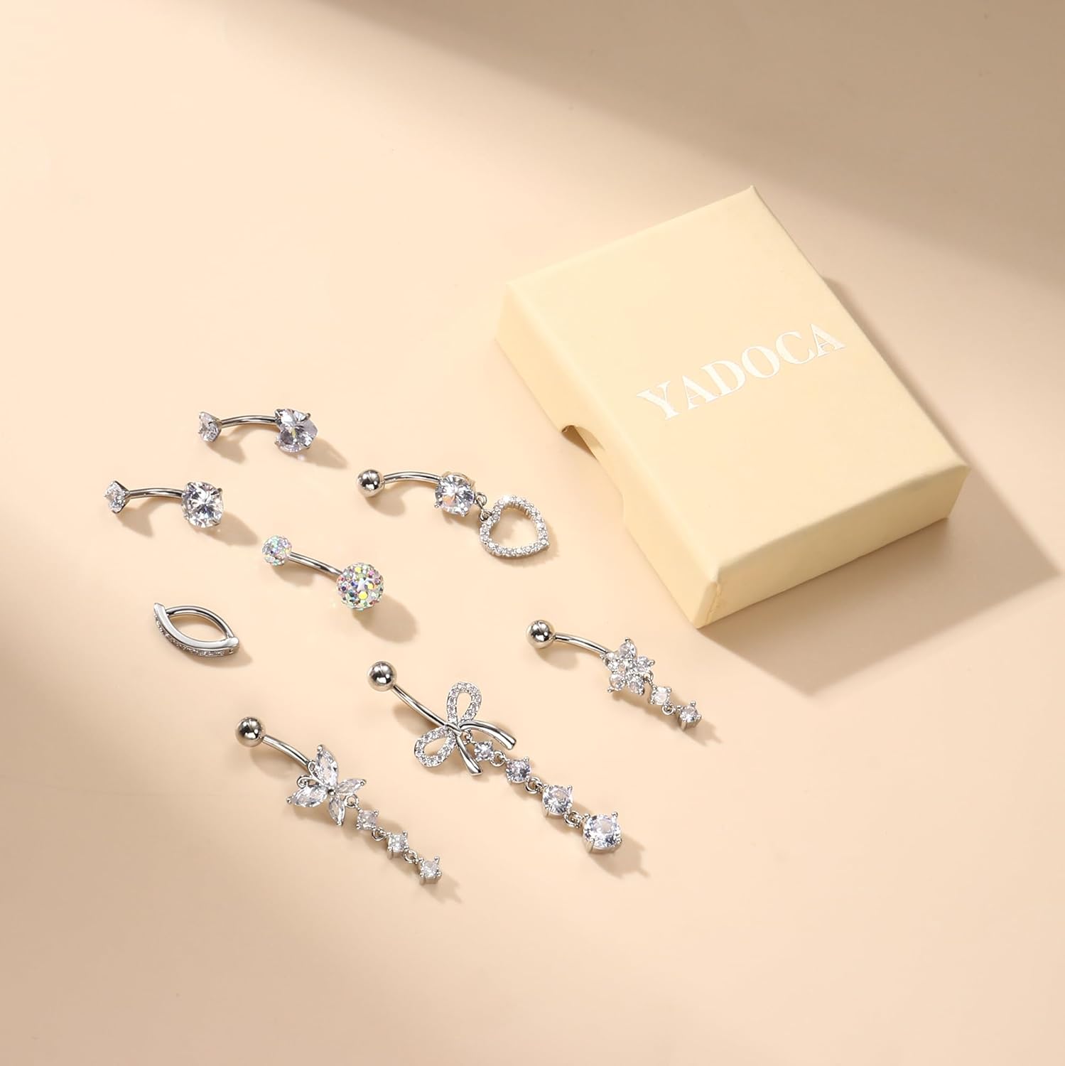 YADOCA 316L Surgical Steel Gold Dangle Belly Button Ring for Women Silver Dangly Belly Rings 14G Hypoallergenic Navel Belly Button Piercing Jewelry Bow Heart 10mm/12mm Barbell Length - Image 5