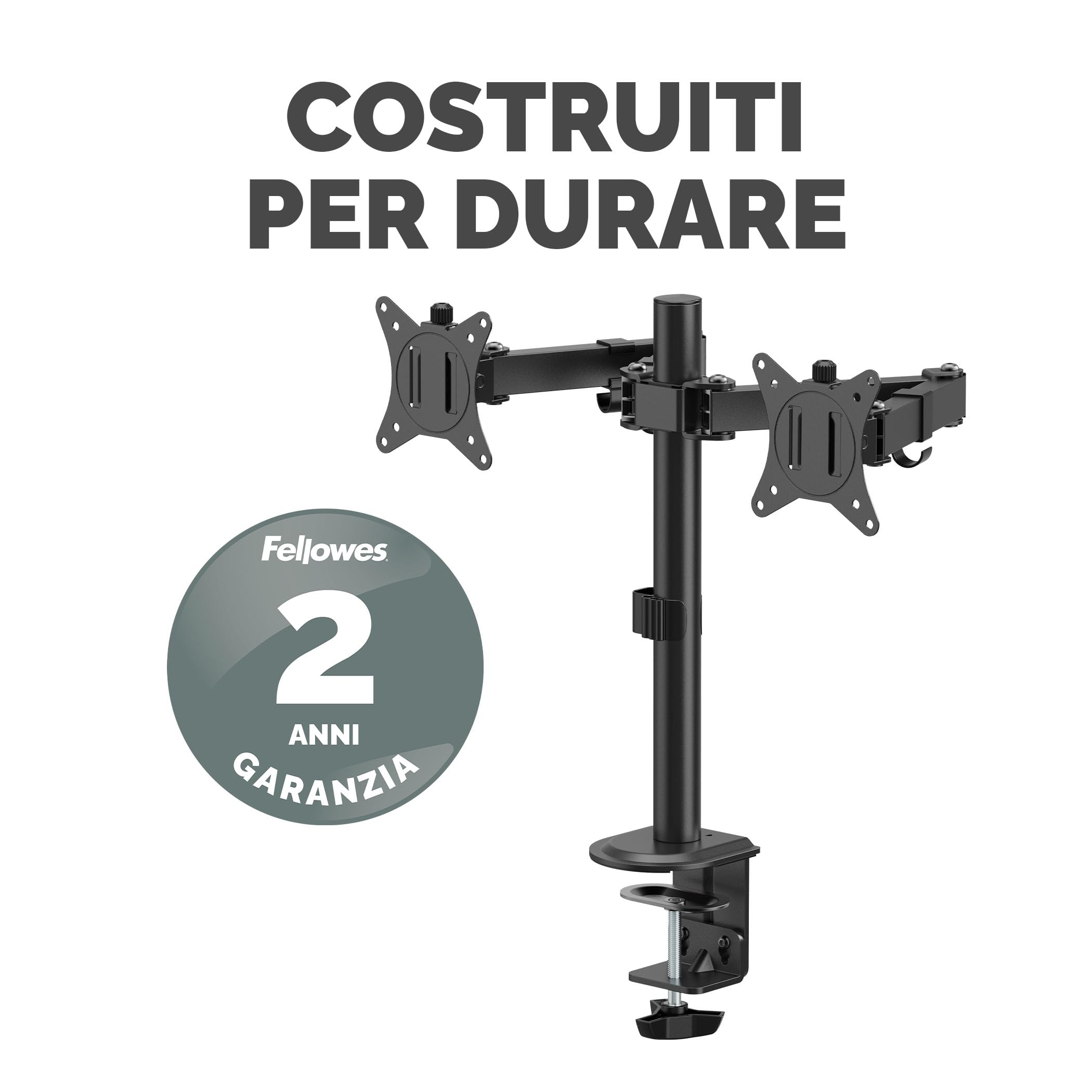 Fellowes Braccio Monitor Doppio Everyday – Supporta 2 schermi 17"-32" (2-9 kg ciascuno), regolabile in altezza, inclinazione e rotazione, VESA 75/100, a morsetto o foro passante - Nero