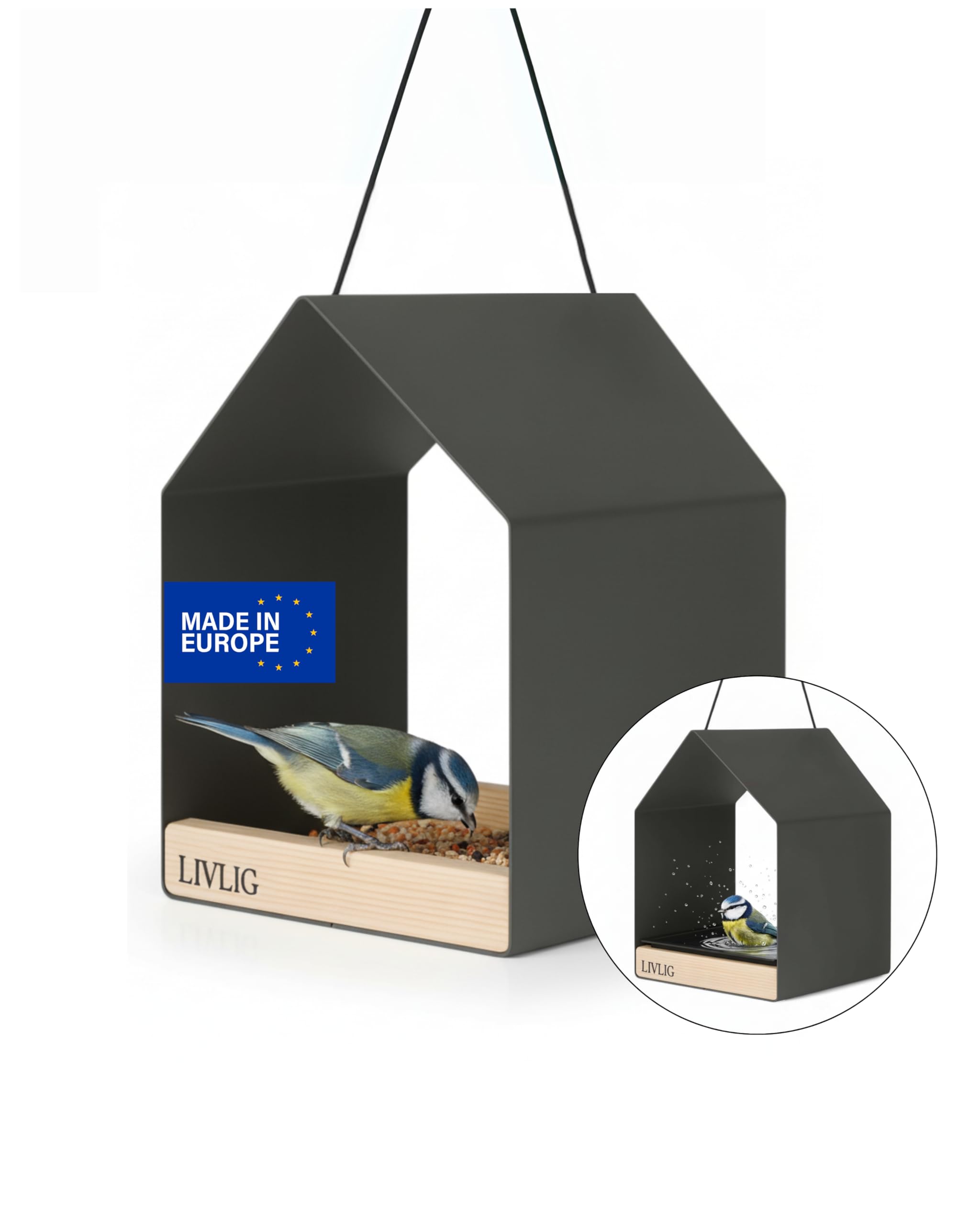 LIVLIG Vogelhaus Metall – 2in1 Vogelfutterhaus & Vogeltränke, Design Vogelhaus zum Aufhängen, wetterfestes Futterhaus für Vögel ganzjährig, Futterspender Vögel, Anthrazit