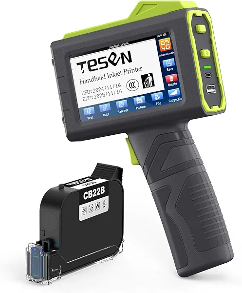 TESEN 2025 New Upgrade Handheld Inkjet Printer with 1/2 Inch (12.7mm) Printhead for Date Time Logo Batch Number QR Code Barcode Quick Drying Printing on Plastic Wood Carboard Metal Glass and More