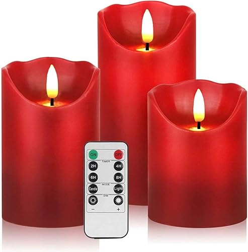 3 velas rojas parpadeantes sin llama  Pilar de cera real sin goteo  Velas a pilas  Juego de velas electrónicas bailarinas con control remoto y
