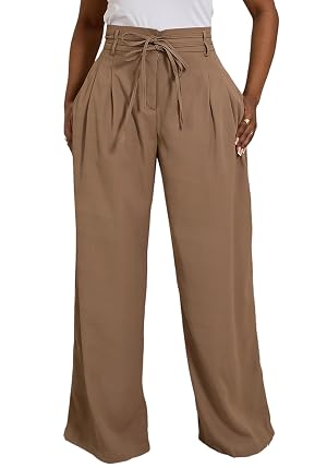 Famnbro Womens Wide Leg Work Pants High Waist Tie Belt Loose Fit Slacks Business Casual Dressy Trousers Pants