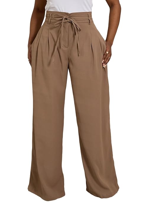 Famnbro Womens Wide Leg Work Pants High Waist Tie Belt Loose Fit Slacks Business Casual Dressy Trousers Pants