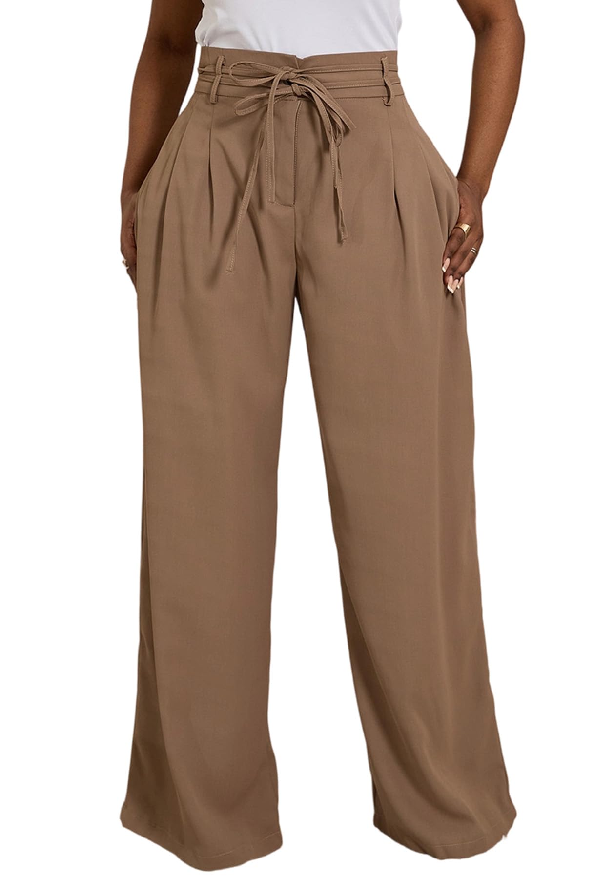 Famnbro Womens Wide Leg Work Pants High Waist Tie Belt Loose Fit Slacks Business Casual Dressy Trousers Pants