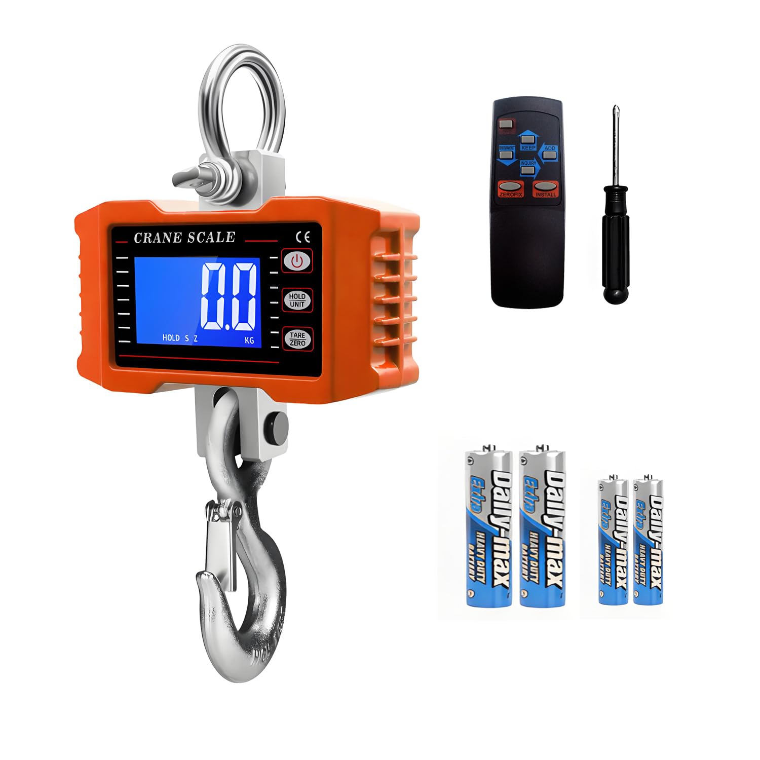 QUMOX Balance suspendue numérique 1000 kg avec télécommande – Boîtier robuste en alliage d'aluminium, crochet en acier fin, écran LCD rétroéclairé, alimentation par piles,Orange