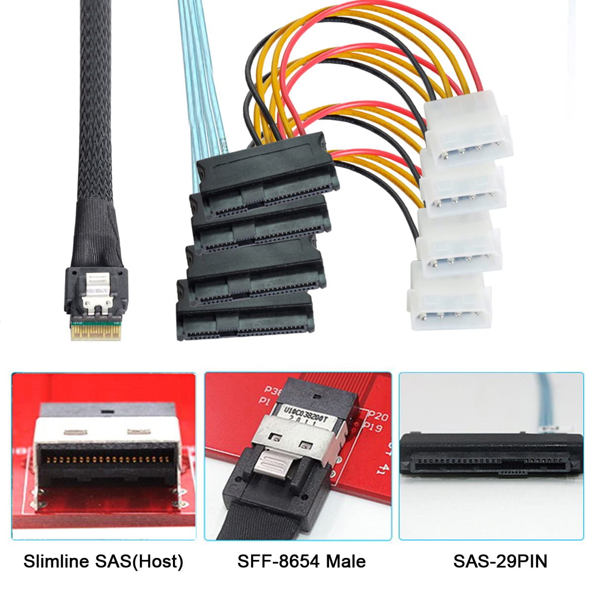 CY Cavo Slimline SAS 4.0 SFF-8654 4i 38 pin Host Raid a 4 SAS 29 pin SFF-8482 Target Hard Disk Fanout Raid Cavo Splitter 1 a 4 (100 cm)