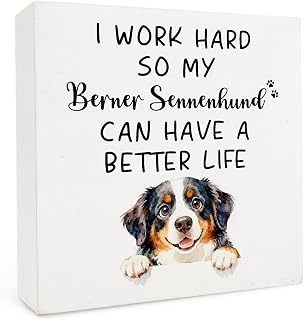 Bernese Mountain Dog Gifts Wooden Box Sign 5x5 Inch, Dog Lover Gifts, I Work Hard So My Berner Sennenhund Wood Box Signs for Office Workplace Home Shelf Table Desk Decor