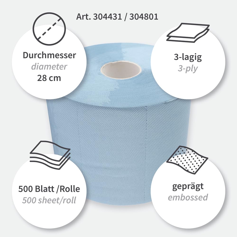 Franz Mensch HygoClean Putzpapiere, 3‑lagig, blau | Recyclingpapier, 2 Rollen, 500 Abrisse je Rolle, Kerndurchmesser 7 cm, nachhaltige Wischtücher
