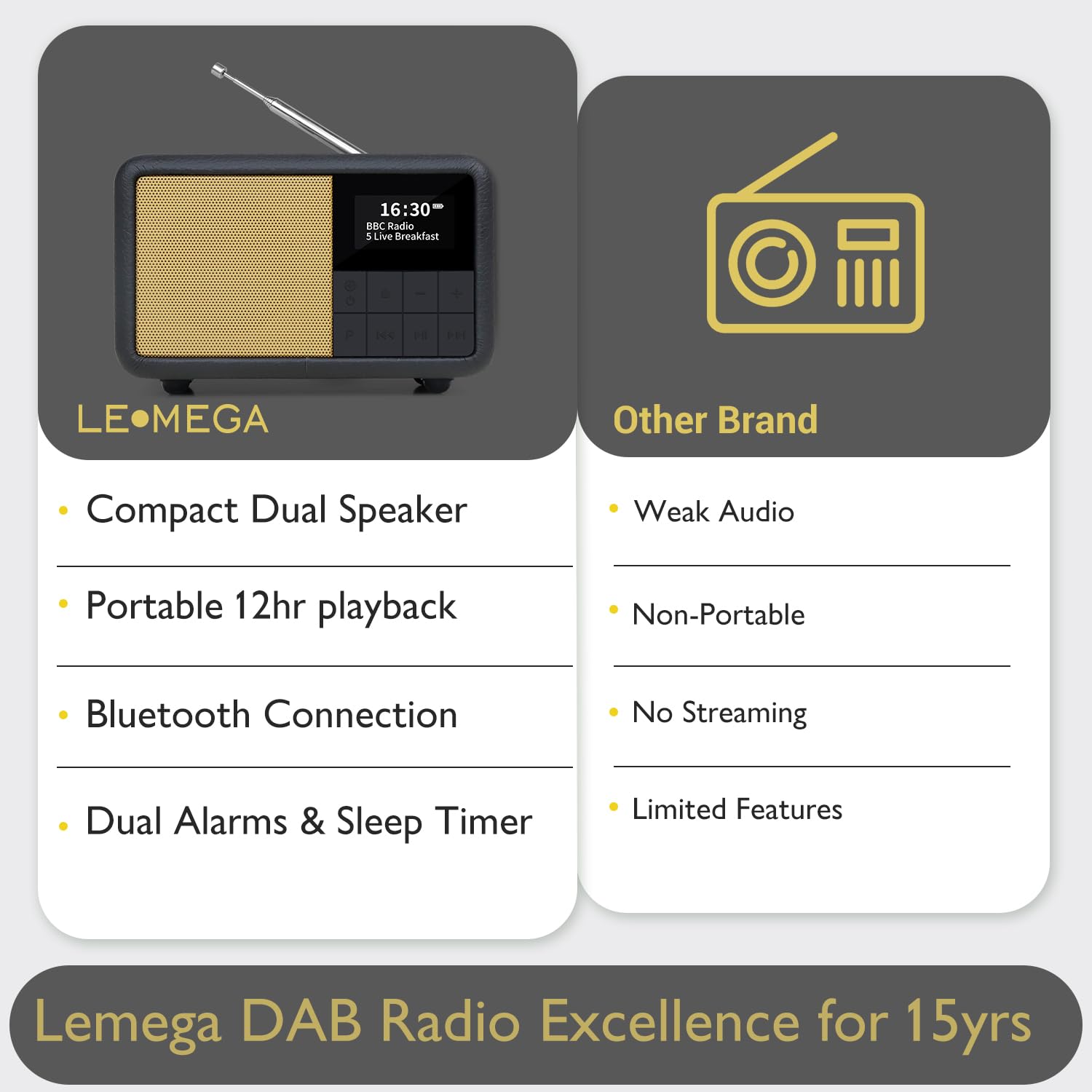 LEMEGA CR7 Mini Radio DAB+ Portatile Bluetooth 12h Autonomia FM IPX4 Impermeabile Custodia Legno Pelle Sveglia Sleep Timer 40