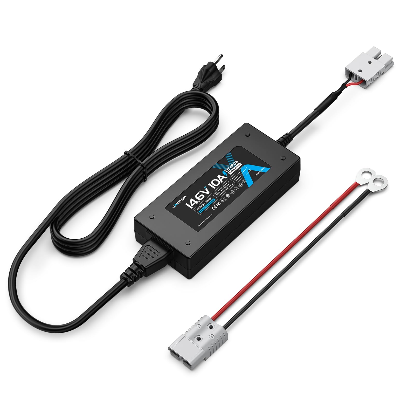 12V 10A LiFePO4 Lithium Battery Charger VATRER POWER 14.6V LiFePO4 Battery Charger with 0V Activation, LED Indicator & Anderson Connector for Deep Cycle Batteries in Boat RV