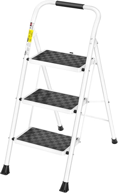 HBTower 3 Échelle d'étape, Tabouret d'escalier pour les adultes, Tailet pliant avec poignée en coussin et large pédale antidérapante, 330 lbs/150 kg Capacité Design ergonomique, blanc