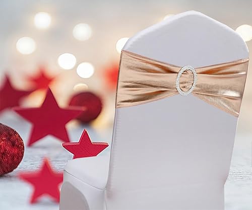 Miniatura 7 de MAGTOWNE Paquete de 100 bandas de elastano para sillas de color oro rosa, lazos de elastano con hebillas deslizantes elásticas para bodas, fiestas,