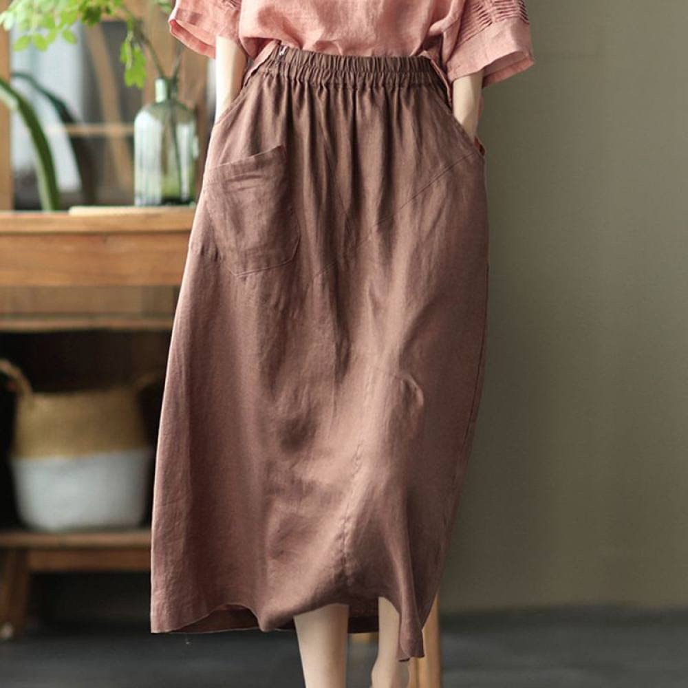 Röcke Damen,Midi-Rock Für Damen, Khaki, Elastische Taille, Retro-Leinen-Faltennähte, Rock Mit Tasche, A-Linie, Gerüscht, Einfarbig, Lässig, Langer Rock Für Mädchen, Damen, M