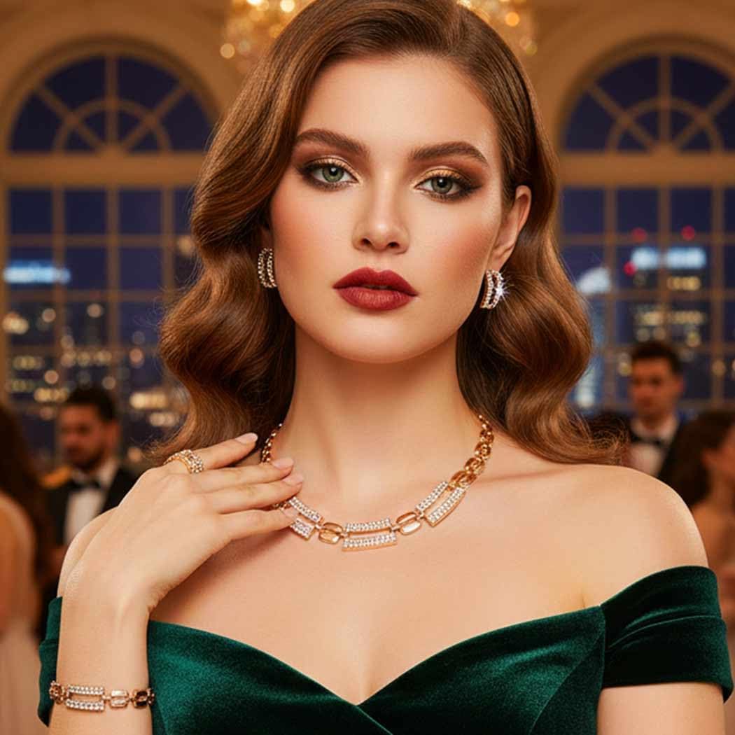 Aukmla Gold Prom Jewelry Set Sparkly Rhinestone Choker Bridal Necklace Earrings Bracelet Ring Sets for Women - Image 6