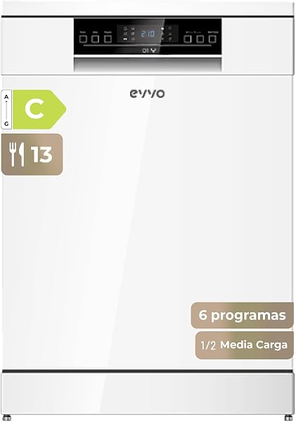 Lavavajillas EVVO D1Y - 60 cm, 13 Servicios, Clase Energética C, 6 Programas, Funcionamiento Silencioso, Apertura Automática, Media Carga, Inicio Diferido 24h, Bloqueo Infantil - 1