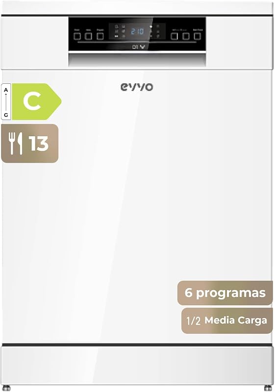 Lavavajillas EVVO D1Y - 60 cm, 13 Servicios, Clase Energética C, 6 Programas, Funcionamiento Silencioso, Apertura Automática, Media Carga, Inicio Diferido 24h, Bloqueo Infantil