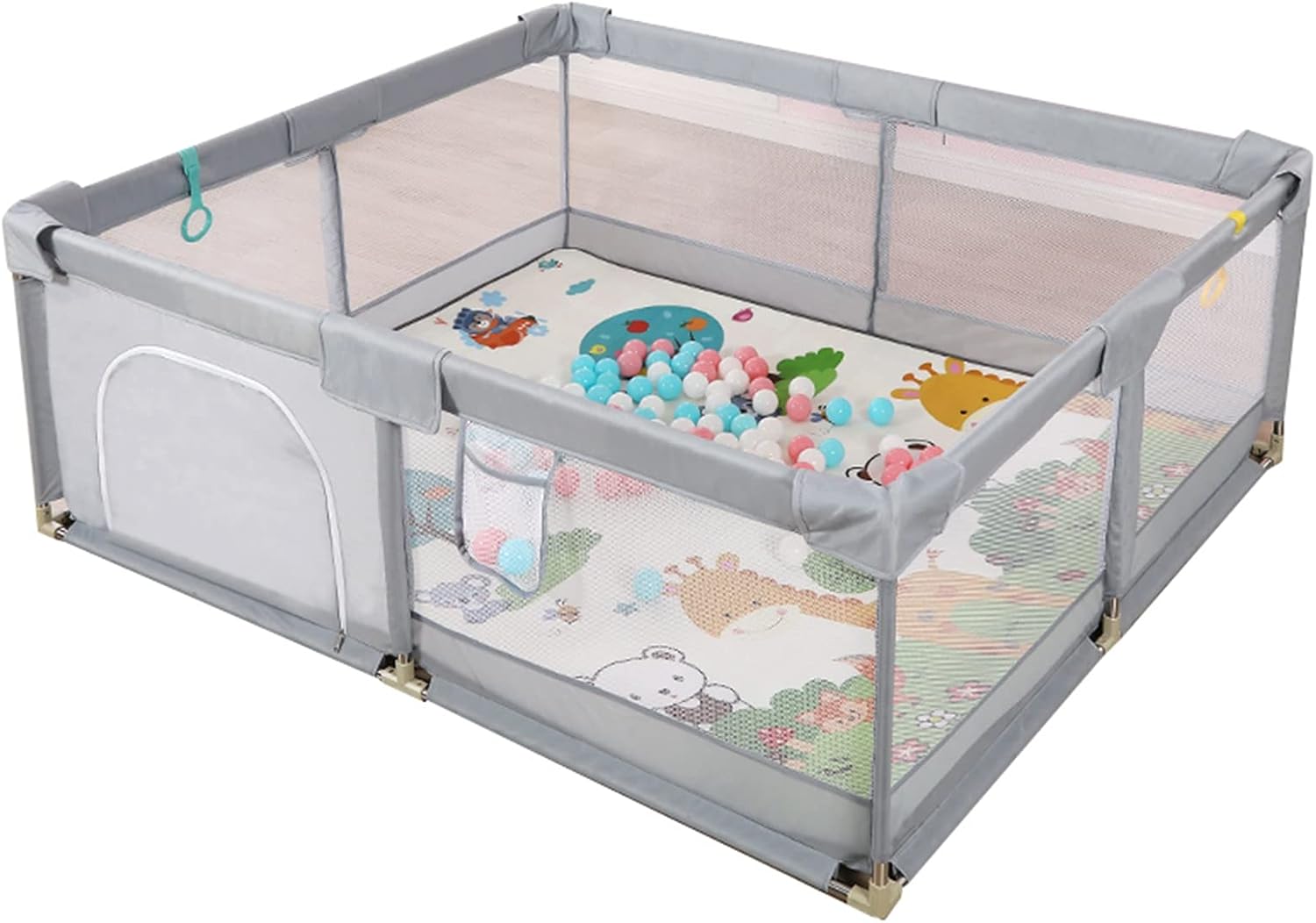 Grey Portable Playpen for Babies and Toddlers with Mat, Large Toddlers