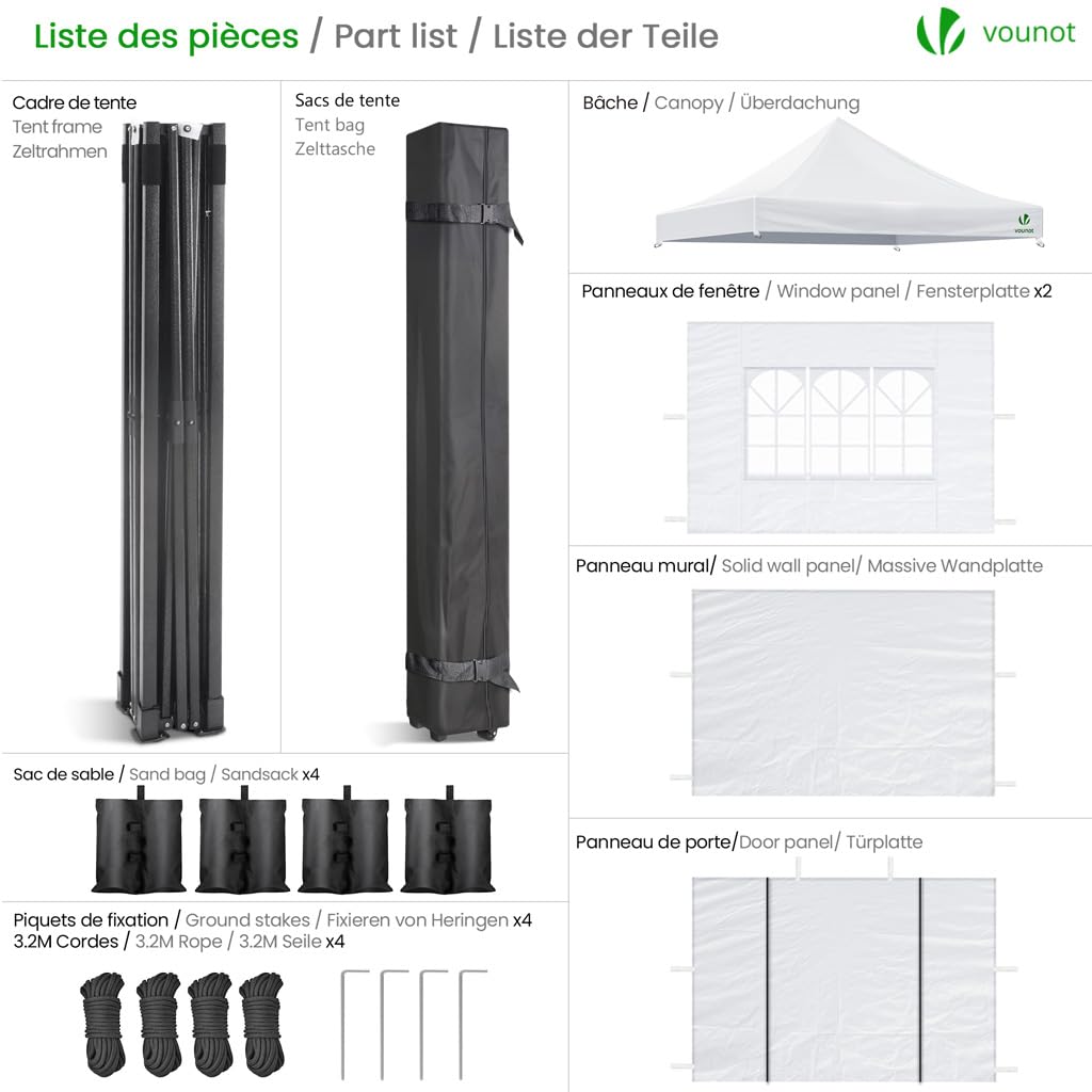 VOUNOT® Gazebo 3x3m Pieghevole con 4 Parti Laterali, Bianco
