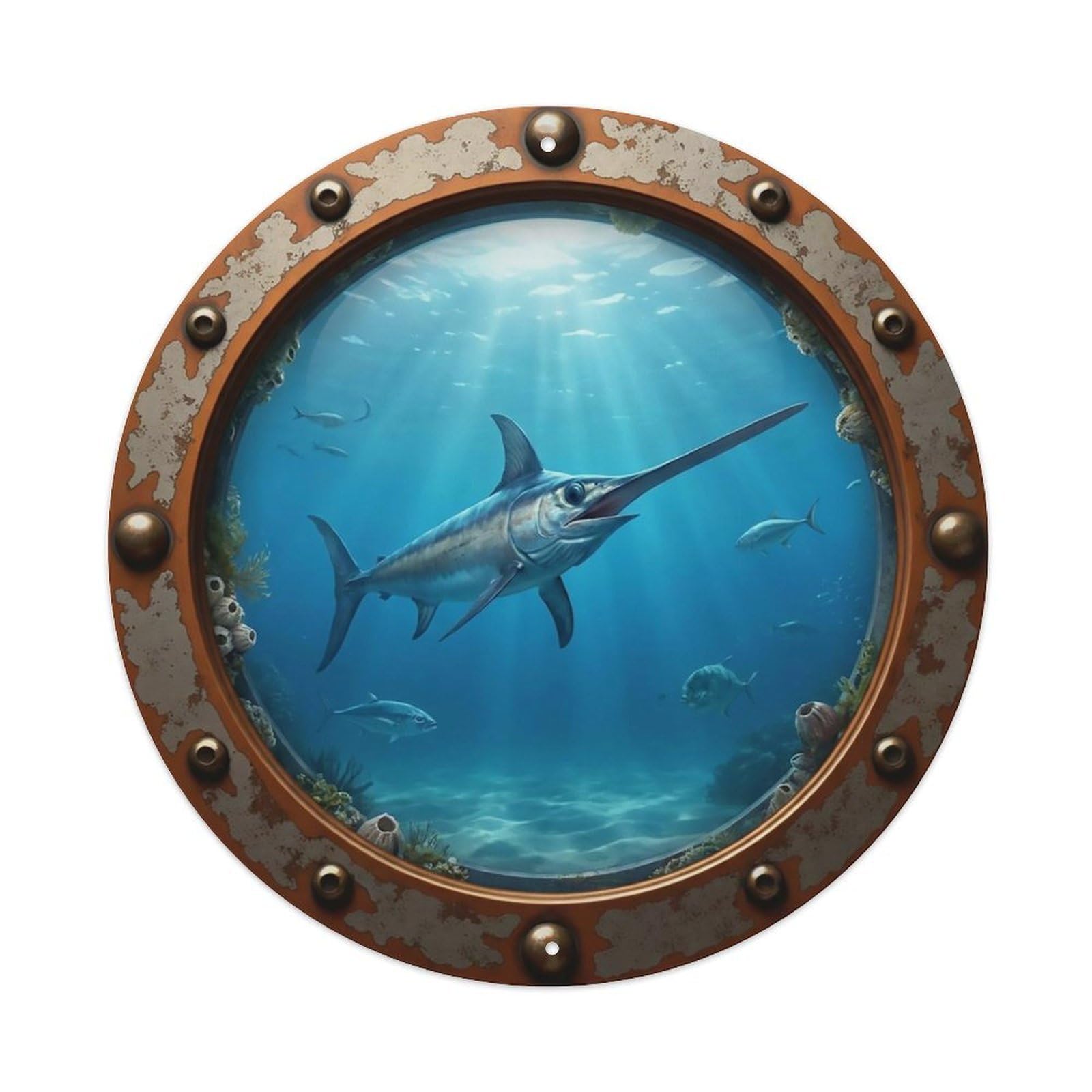 Odgynaw 8X8inch(20X20cm) Vintage Porthole Swordfish Nautical Window View Metal Tin Sign