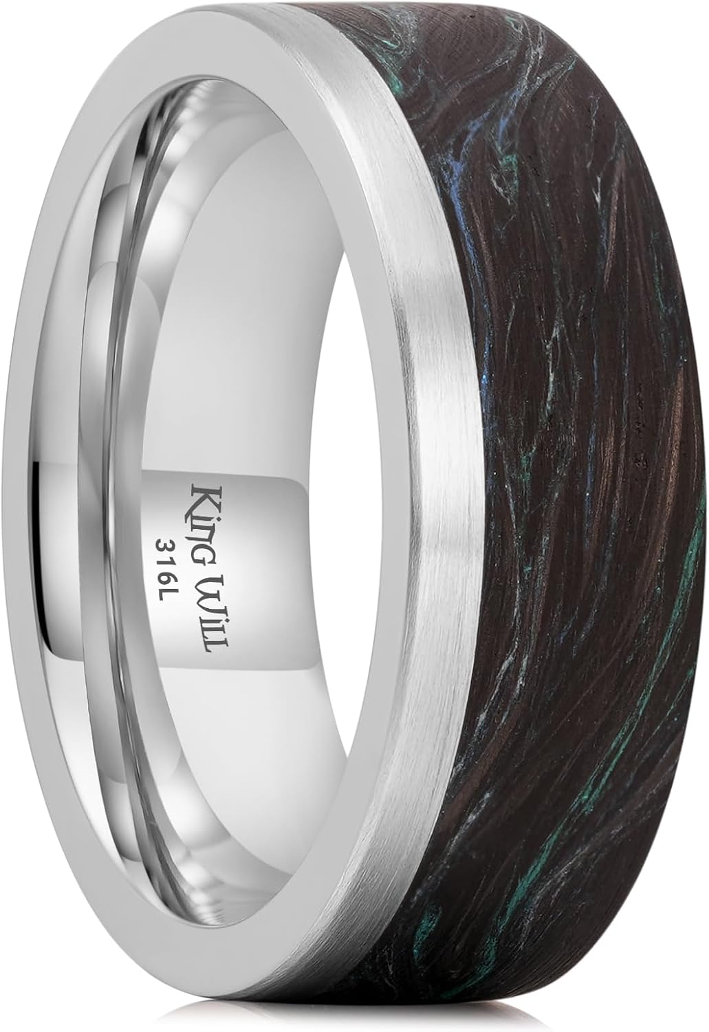 King Will 8mm Silver Stainless Steel & Carbon Fiber Rings, Men's Wedding Rings Flat Cut Wedding Band for Men Women Comfort Fit and Durable