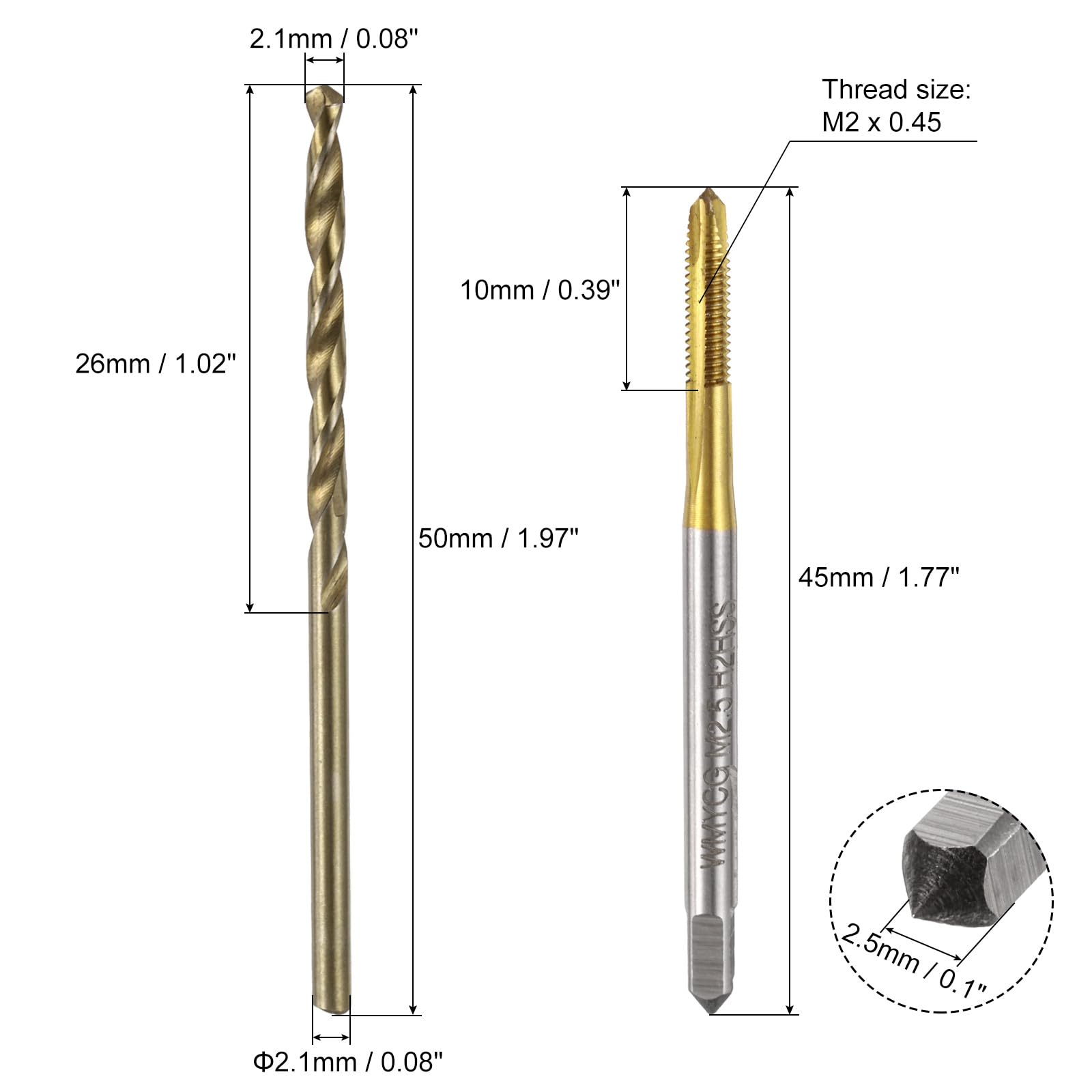 Set di maschi e punte da trapano metrici, 2 maschi filettati a punta elicoidale M2,5 x 0,45 rivestiti in titanio e 2 punte elicoidali da 2,1 mm color giallo tostato, utensili per filettatura e masc