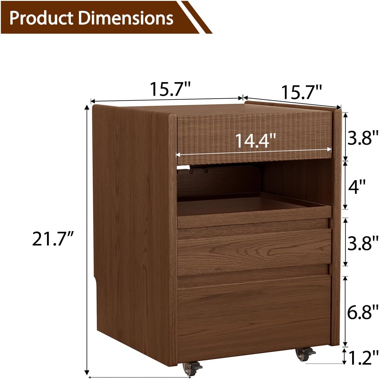 Rolling Nightstand with 4 Wheels, 100% Solid Wood Nightstand with 3 Drawers and Pull-Out Shelf, Mid-Century Modern Fluted Bedside Table Rolling Side Table with Storage for Bedroom