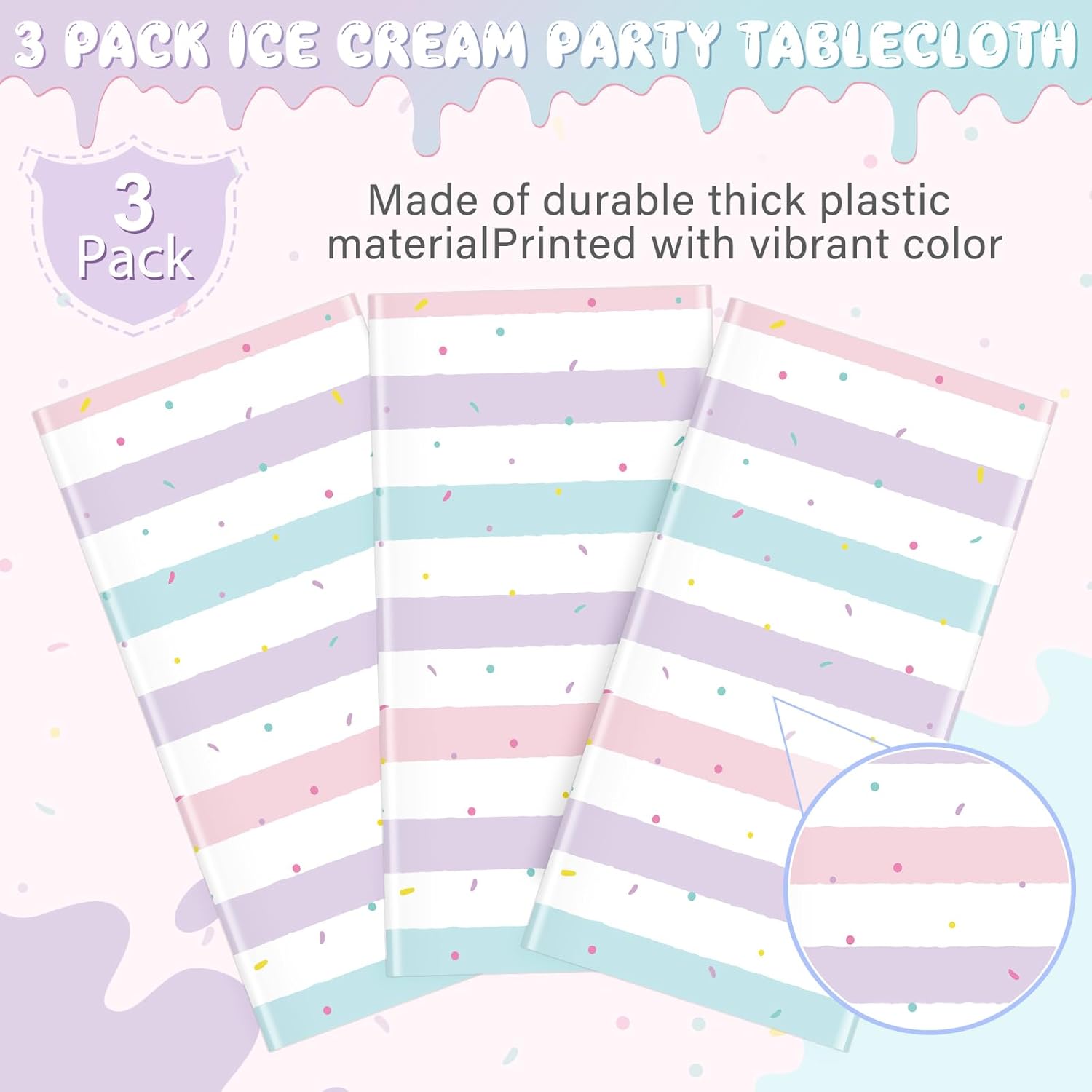 3 Pack Sprinkle Ice Cream Tablecloth Party Decorations, Ice Cream Birthday Plastic Party Supplies, Donut Disposable Rectangle Table Cover for Kids Girls Sweet One Birthday Baby Shower, 54 x 108 Inch - Image 4
