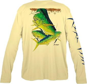 Mahi Mahi Design Mens Long Sleeve Performance Fishing Shirt by Kevin Brant, Polyester, UPF 50+ Sun Protection