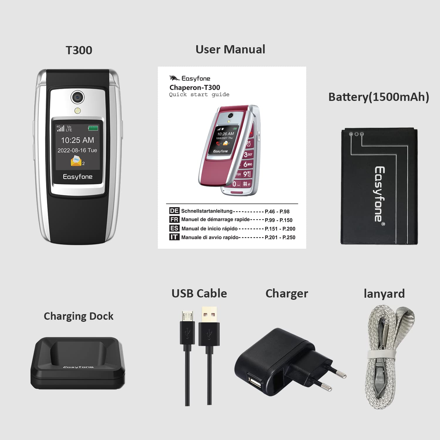 Easyfone T300 4G Seniorenhandy Klapphandy ohne Vertrag, Großtasten Mobiltelefon Einfach und Tasten Notruffunktion, Taschenlampe, 1500mAh Akku und Ladestation (Schwarz)