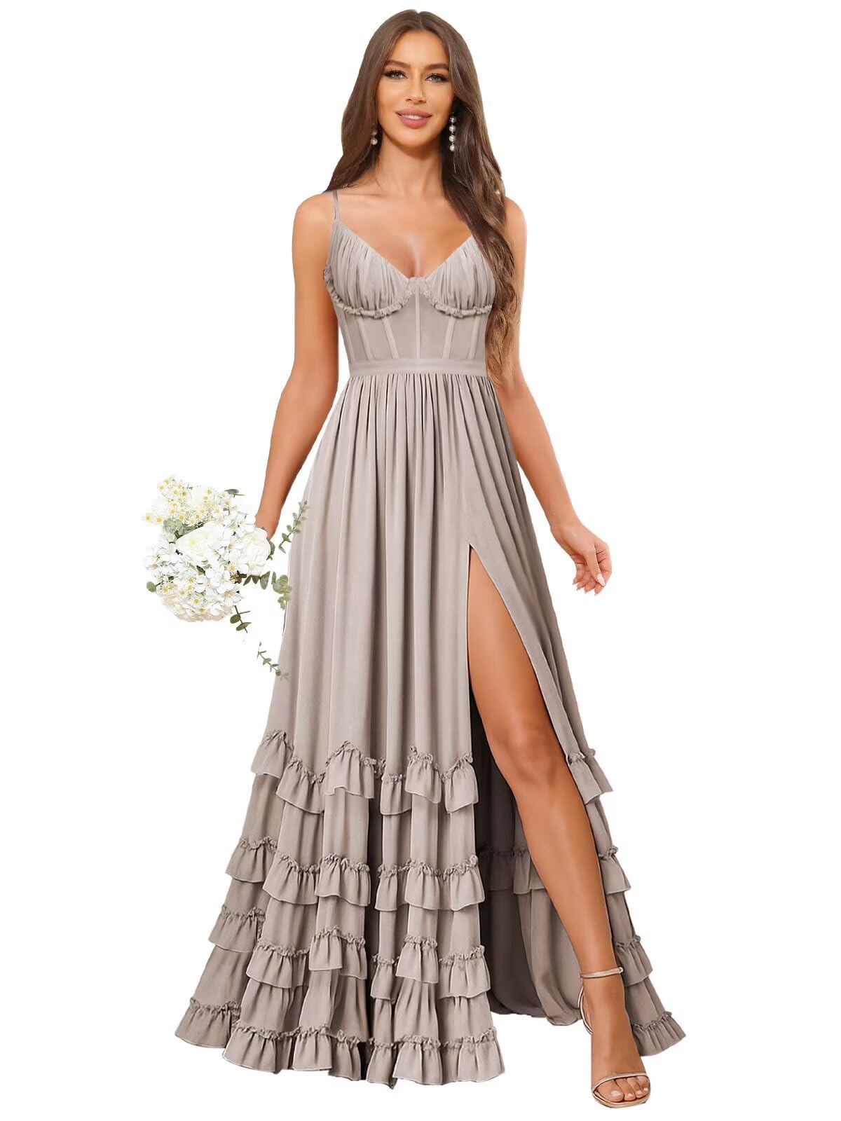 VCCICANY Chiffon Bridesmaid Dresses for Women V Neck Ruffle Ruched Long Prom Dresses Formal Evening Gowns with Slit