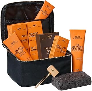 AKT The Ensemble Body Care 6-Piece Gift Set: Deodorant Balm 50ml, Body Wash Concentrate 100ml, Body Conditioning Balm 100ml, Tube Squeezer, Shower Sponge, 01 Orange Grove Scent, Travel Essentials