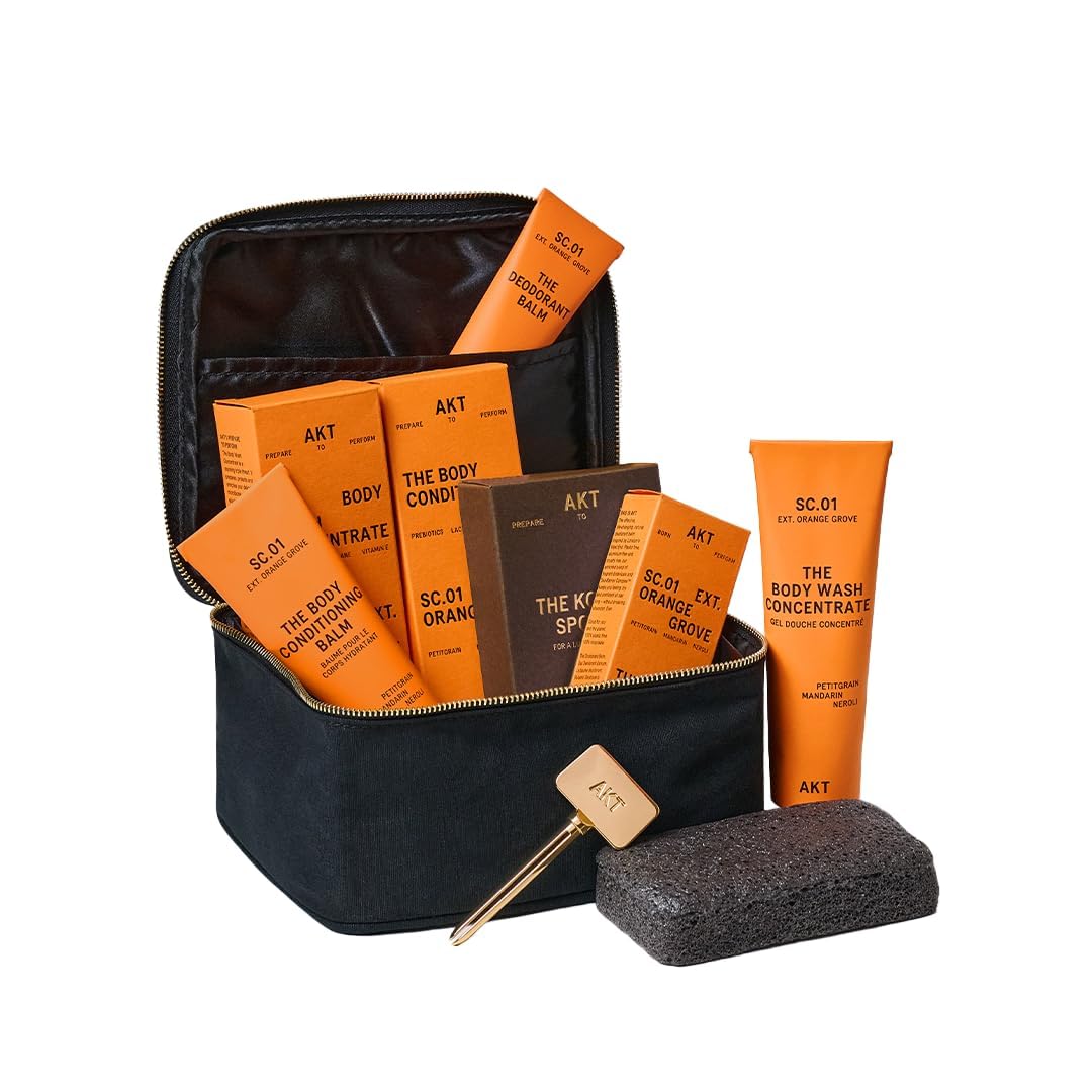 AKT The Ensemble Body Care 6-Piece Gift Set: Deodorant Balm 50ml, Body Wash Concentrate 100ml, Body Conditioning Balm 100ml, Tube Squeezer, Shower Sponge, 01 Orange Grove Scent, Travel Essentials