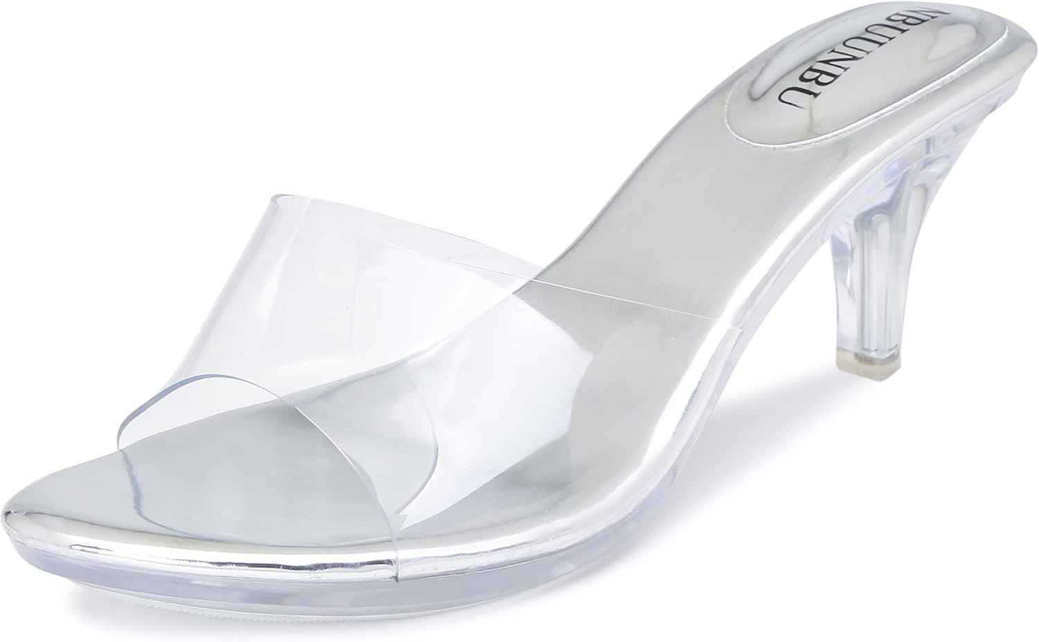NBUUNBU Clear Heels for Women Silver Black Heels Little Platform Sexy High Heels Sandals Stiletto Kitten Open Toe Dress Shoes Comfortable Double Transparent Strap Heeled Sandals Mule - Image 4
