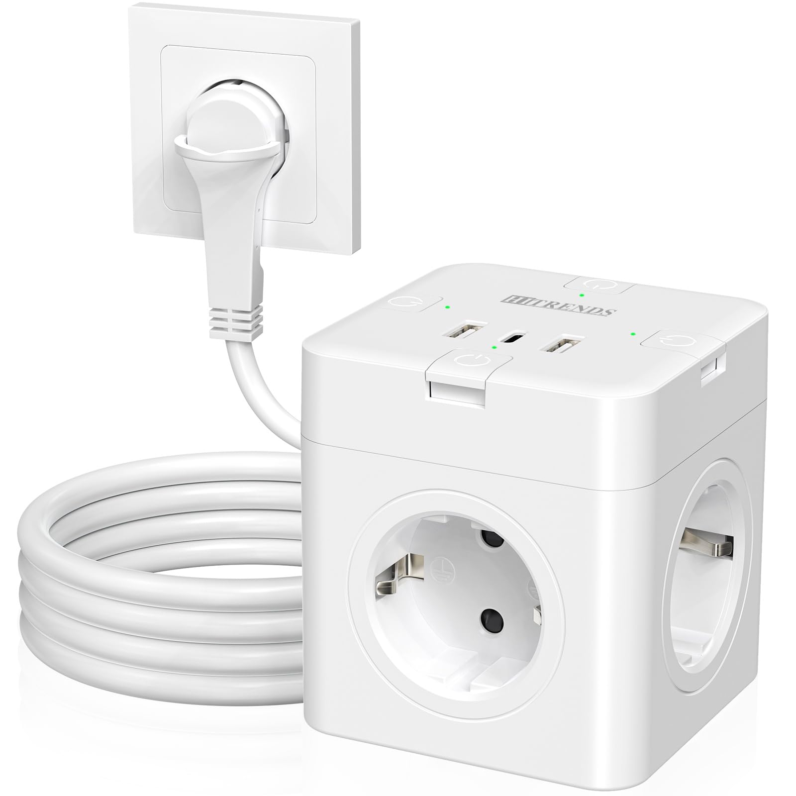 Steckdosenwürfel mit USB C, 4 Fach Steckdosenleiste Flachstecker mit Einzeln Schaltbar, 7 in 1 Mehrfachsteckdose Würfel mit 2m Kabel, 1 Typ-C USB Mehrfachstecker Steckdosenverteiler für Büro, Weiß Baumarkt