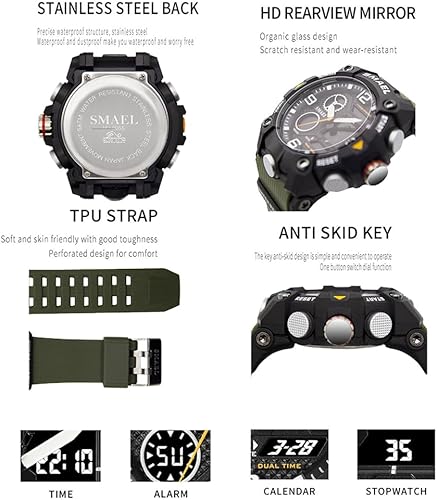 Miniatura 4 de KXAITO Relojes deportivos para hombre, impermeables, militares, con fecha, tácticas, LED, alarma facial, cronómetro, 8055, 8055 Verde Oscuro, Militar
