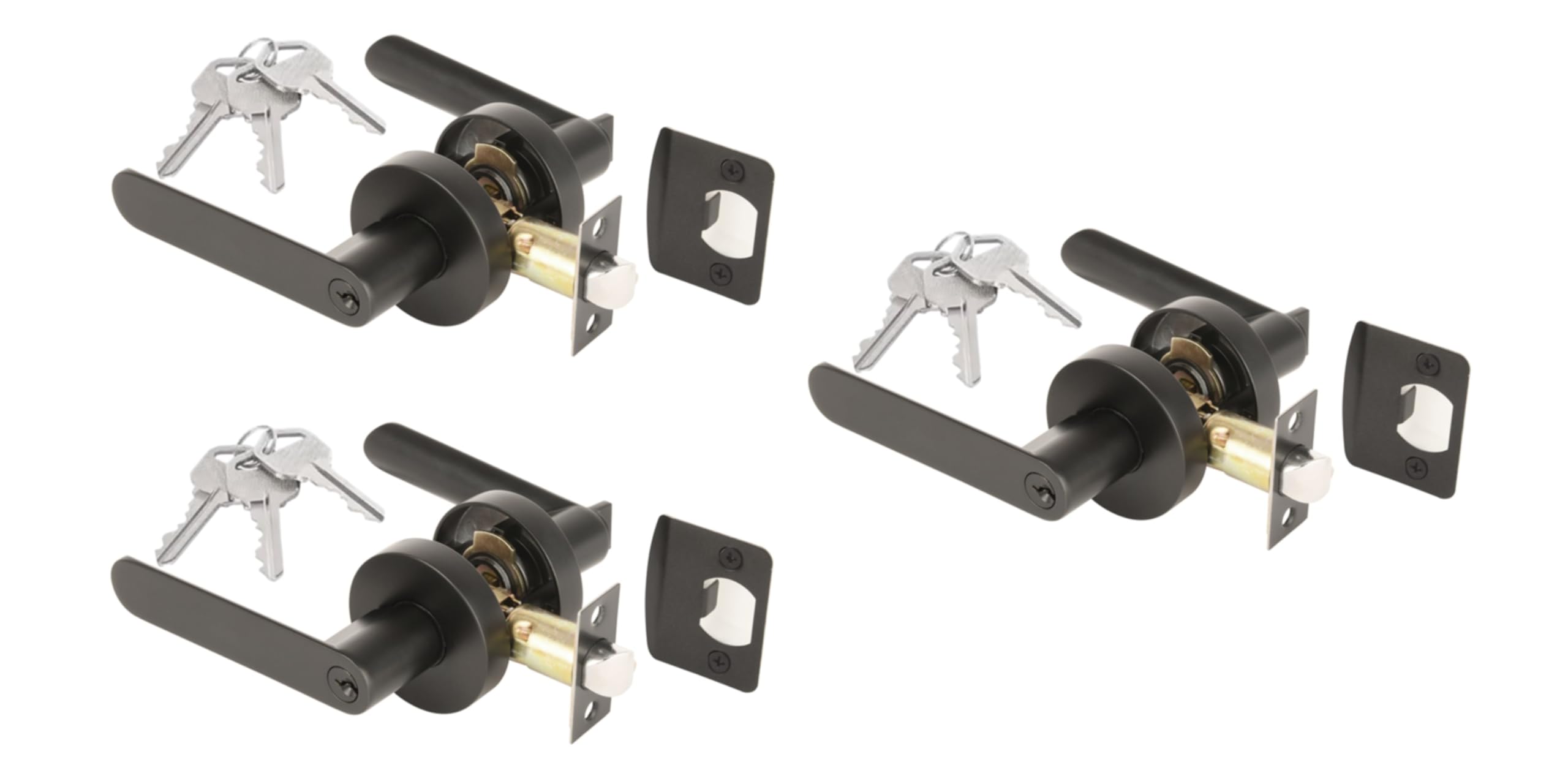 Hunta Black Matt Handlezone® 3 Sets Mantara Entrance Leverset, Key Lock Door Lever Set, Adjustable 60-70Mm Latch –