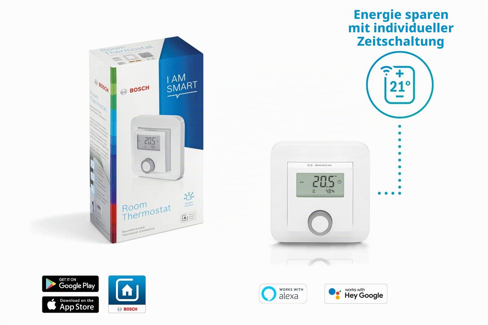 Bosch Smart Home Raumthermostat zur Steuerung von Heizkörperthermostaten, Feuchtigkeitsanzeige inklusive, kompatibel mit Google und Alexa Assistent