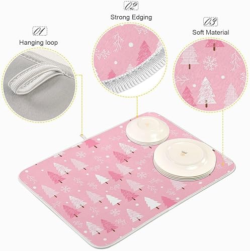 Miniatura 4 de Tapete de secado de platos rosa para árbol de Navidad para cocina, tapete de secado de microfibra de copos de nieve, absorbente y reversible, tapete