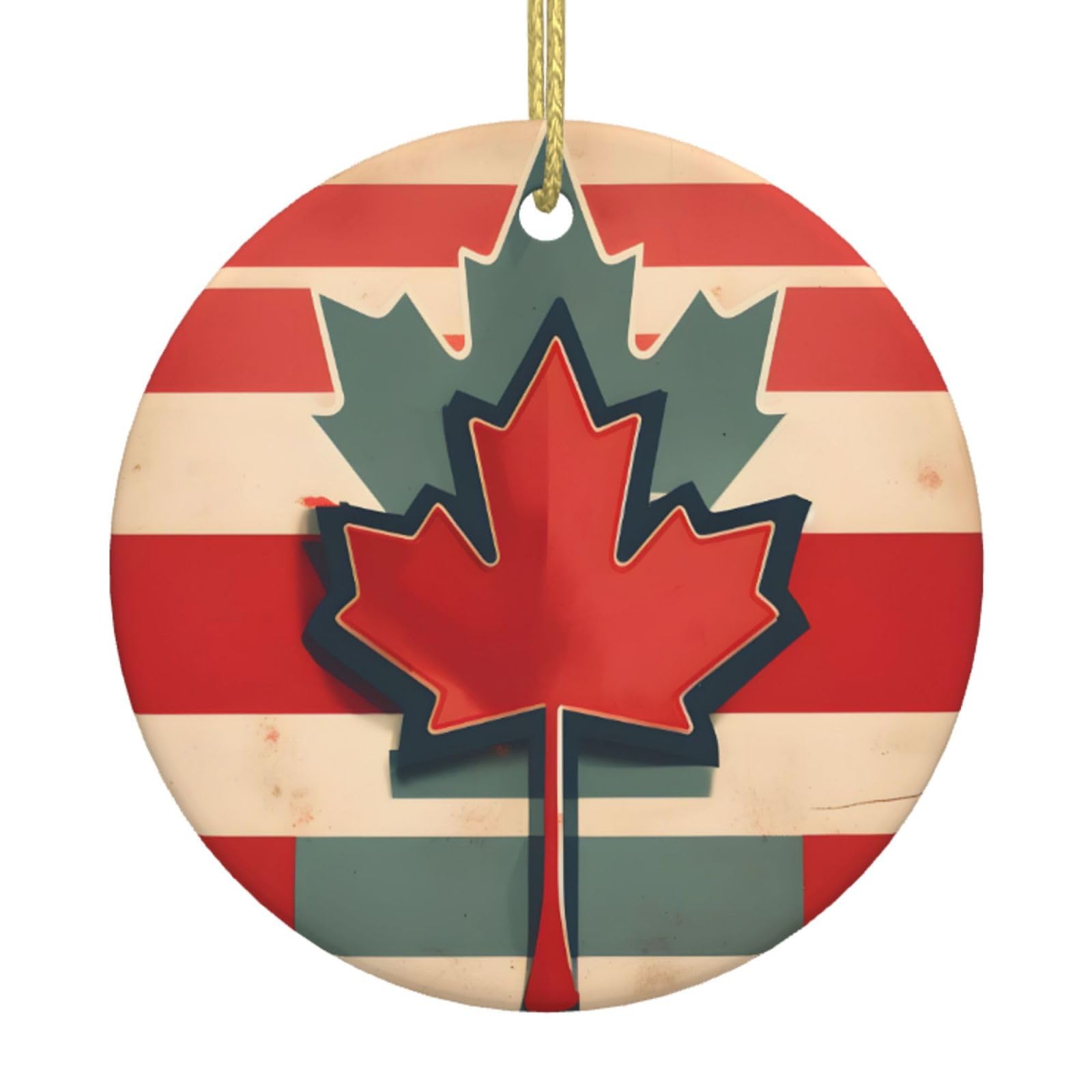Retro Canada Flag Pattern Print Christmas Ornaments, Ceramic Hanging Ornament, Round Shape Decorations
