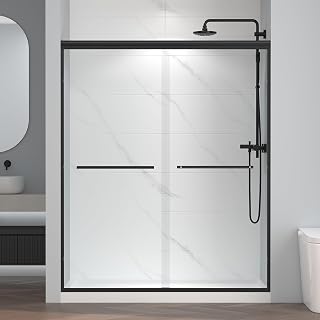 EnsoSenka 56-60" x 72" Semi-Frameless Matte Black Sliding Shower Door, Easy-Clean Tempered Glass