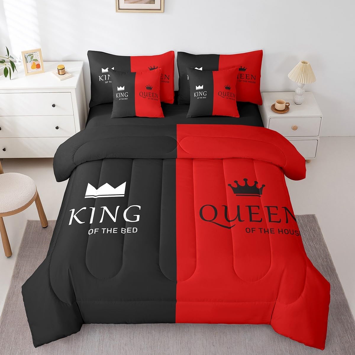Feelyou Blue and Black Queen King Bed SetQueen, Couple Lover 7 Piece Bedding Set Mr and Mrs Bed in a Bag Crown His and Hers Bed Set Includes Comforter, Sheet Set, Pillowcases & Pillow Covers
