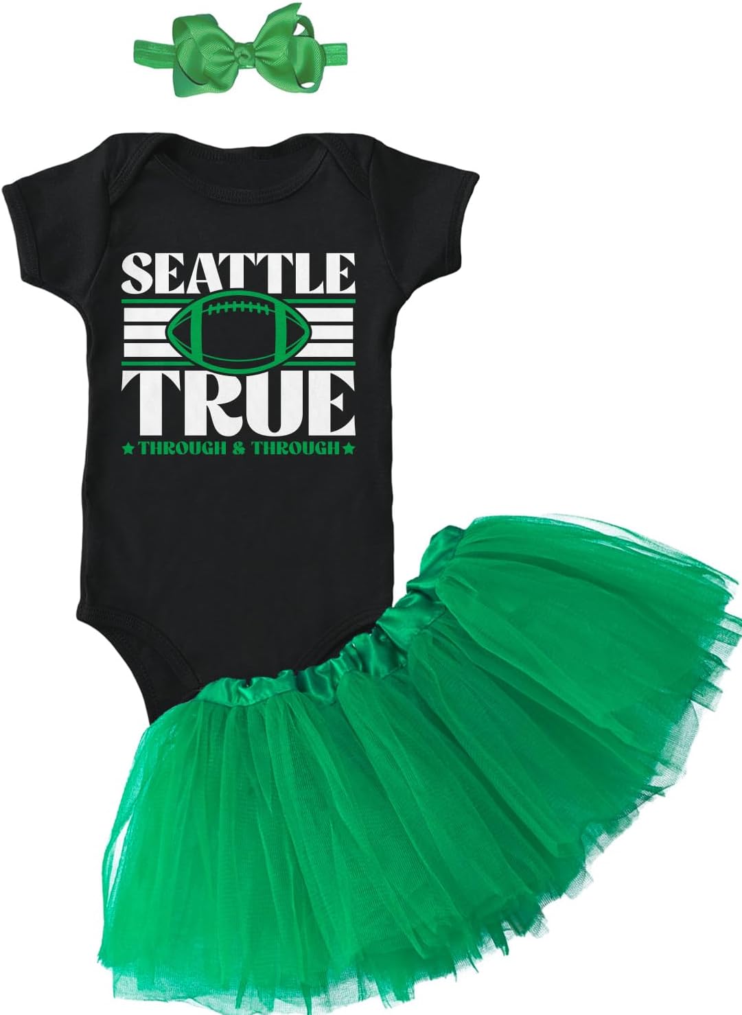 Tcombo Seattle True Through & Through Football Baby Bodysuit + Tutu Skirt + Bow Headband Set